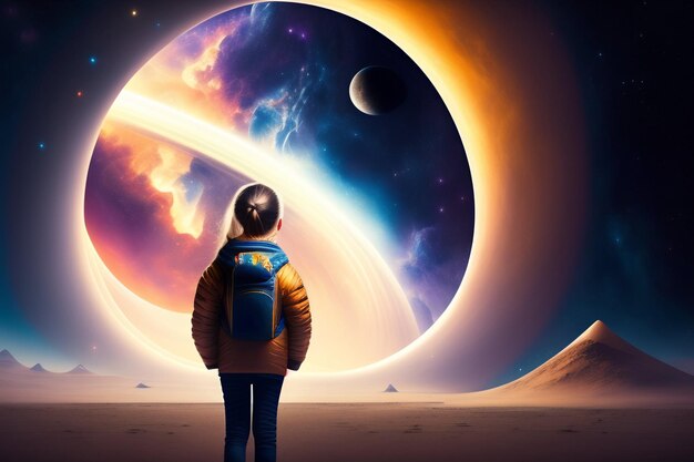 A girl looking at a planet with a planet in the background