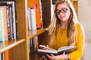 girl looking through open book in library 