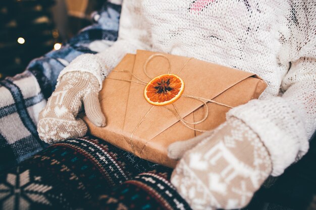 Girl opens a wonderful vintage gift