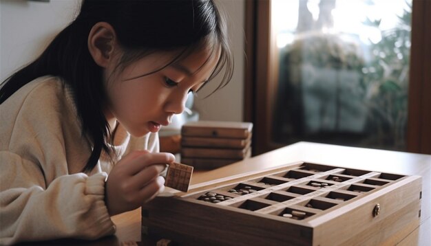 A girl plays with a wooden box that says'chocolates'on it.