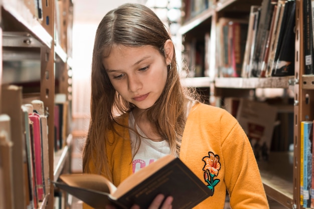 Girl reading book between bookcases