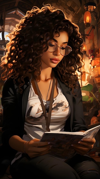 Free photo girl reading book cartoon portrait