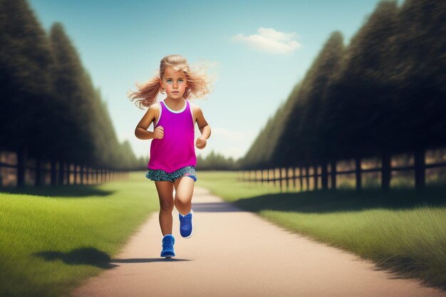 A girl running on a path with a blue sky behind her.