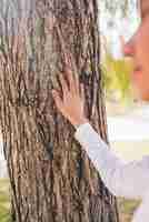 Foto gratuita la mano della ragazza che tocca la corteccia di albero con la mano