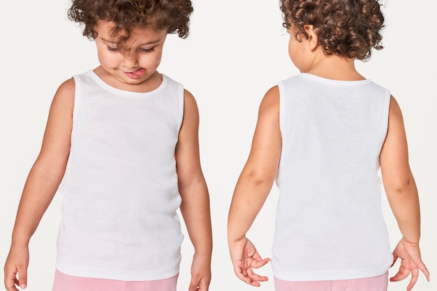 Free photo girl's white tank top in studio