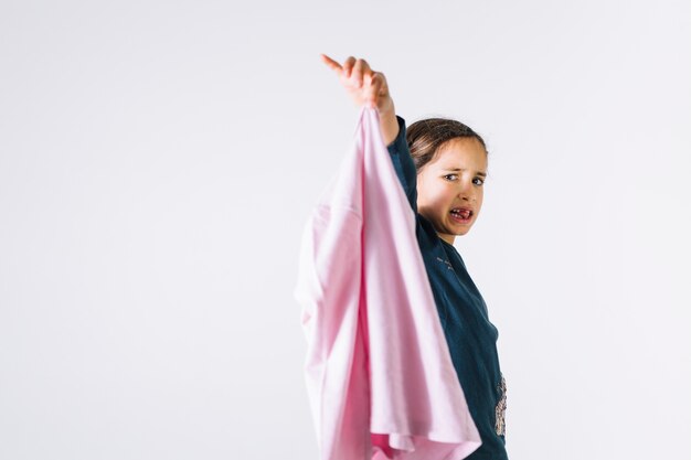 Girl showing smelly cloth