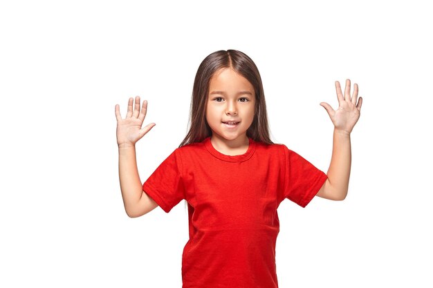 Girl shows her two hands with 5 fingers in red t-shirt