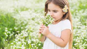無料写真 女の子、草原で野生の花を嗅ぐ