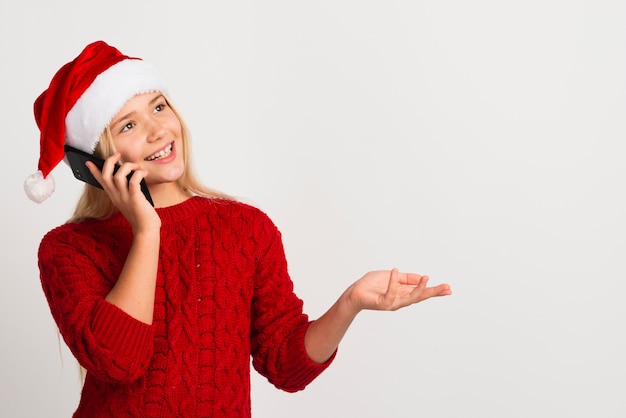 Girl talking on phone copy space