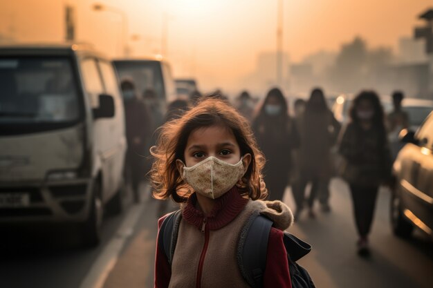 Девушка в маске для лица из-за сильного загрязнения