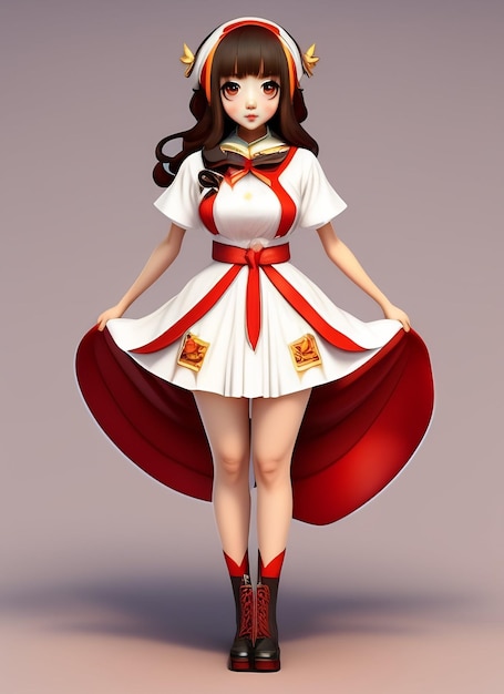 A girl in a white dress with a red cape and a red cape.