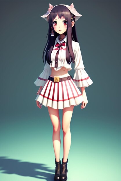 A girl in a white skirt and a red and white skirt with the word on it