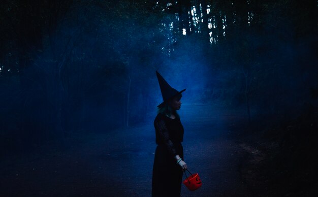 夜の木の魔女の帽子の女の子