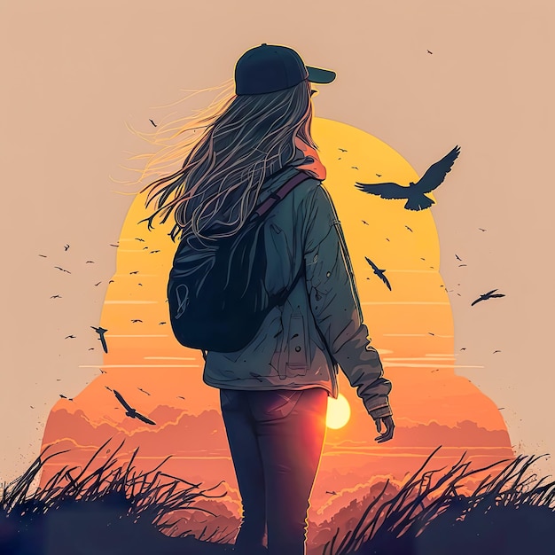 Girl with a backpack at sunset generative Al