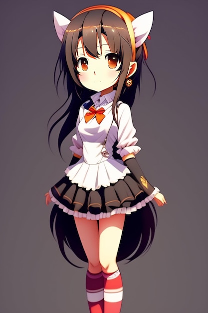 A girl with black hair and a white shirt with a black skirt and a black skirt.