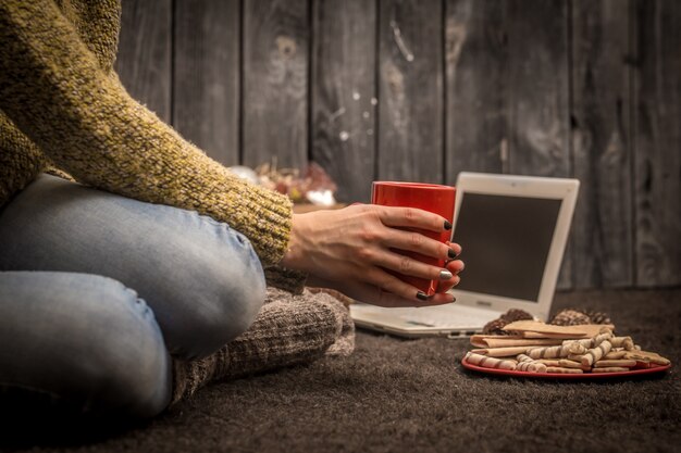 girl with computer  Christmas decor