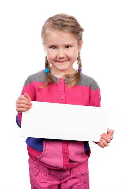 Girl with empty horizontal blank on white space