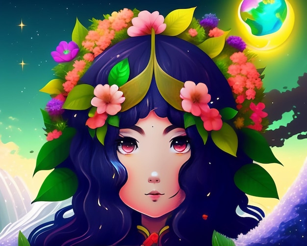 A girl with flowers on her head and a planet in the background.