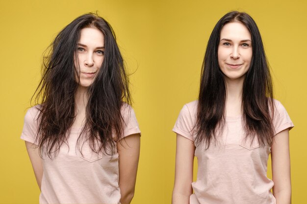 Girl with glossy and messy unbrushed hair in after shampoon