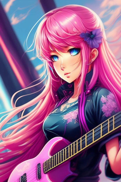 그녀의 머리에 기타를 가진 소녀