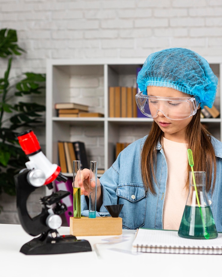 Free Photo girl with hair net doing science experiments with microscope