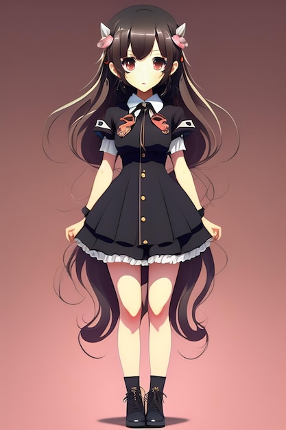 A girl with long black hair and a black dress with a red heart on the front.