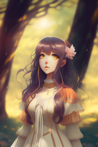 Free photo a girl with long dark hair and a white top with a yellow flower on her chest stands in a forest.