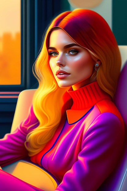 A girl with long hair and a bright orange jacket sits on a couch.