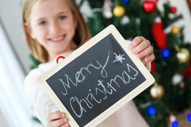 Free photo girl with a merry christmas poster