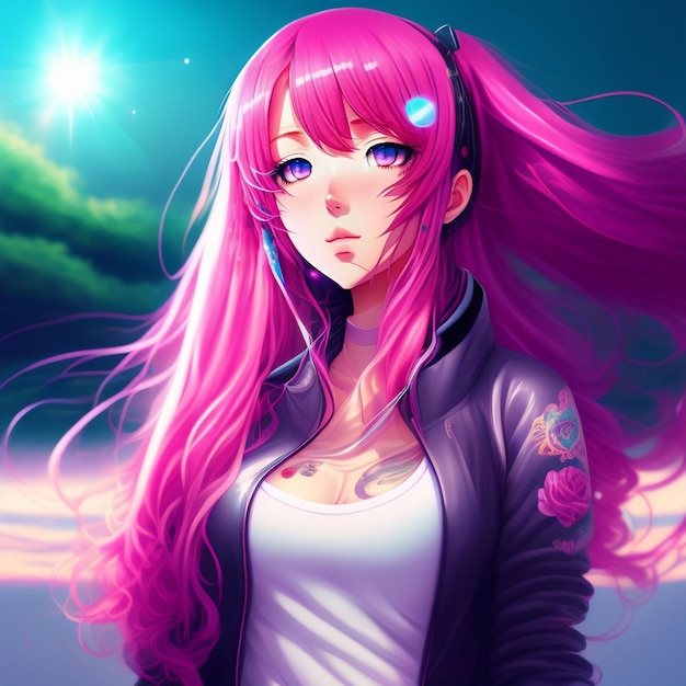 A girl with pink hair and a black jacket with a sun in the background.
