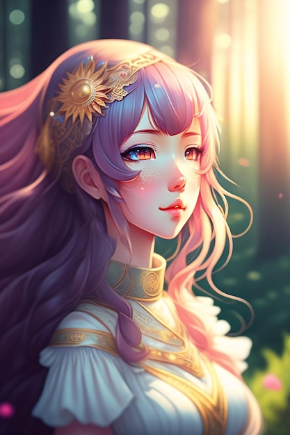 A girl with purple hair and a golden crown