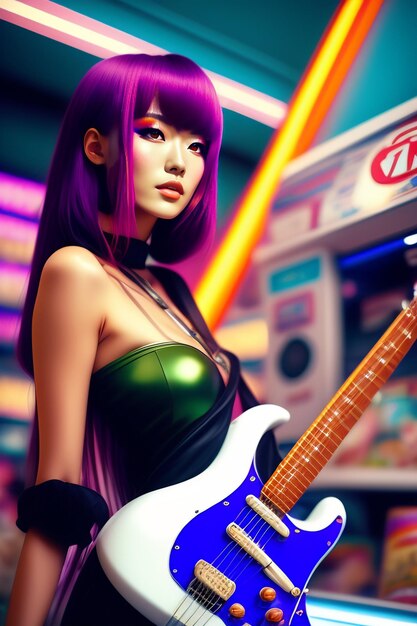 A girl with purple hair and a guitar