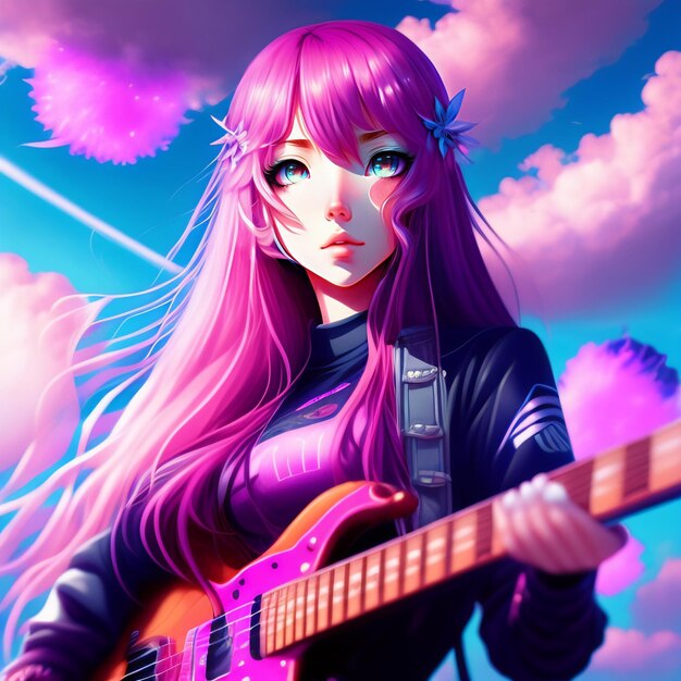 A girl with purple hair is playing a guitar.