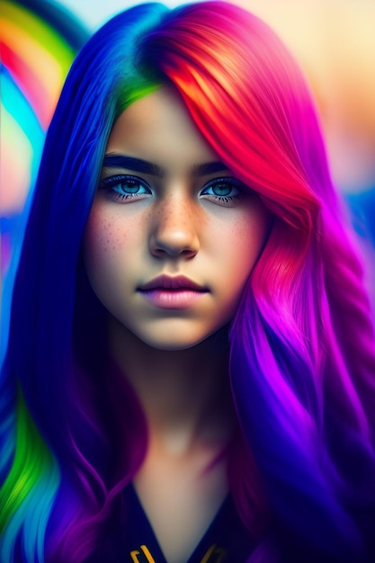 A girl with a rainbow hair color on her face