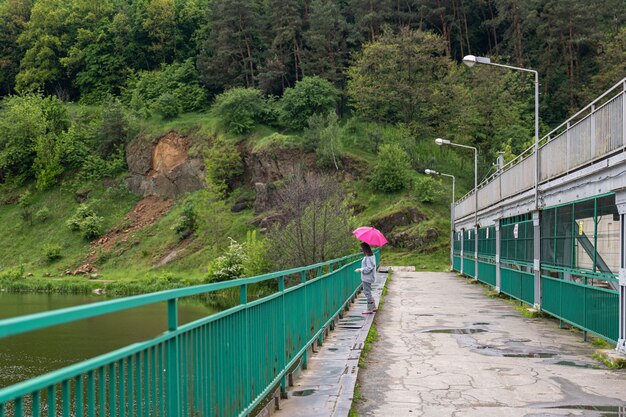 曇りの日、森の中を散歩する傘をさした少女が、風景を背景に橋の上に立っています。