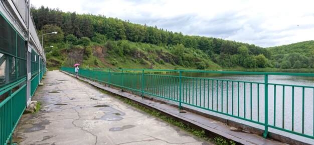 A girl with an umbrella in cloudy weather for a walk in the forest, stands on a bridge against the backdrop of a landscape