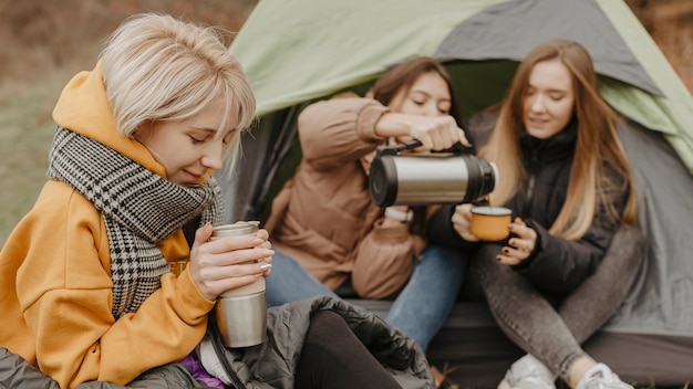 Girlfriends on trip drinking tea