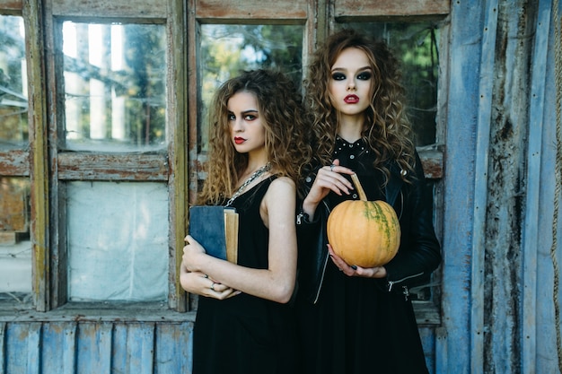 Girls disguised as witches with a pumpkin and black book