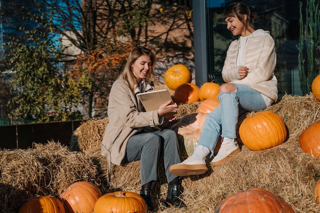 Free photo girls have fun among pumpkins and haystacks on a city street