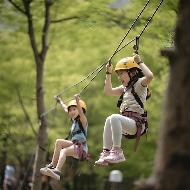 無料写真 日本の公園でジップラインで楽しんでいる女の子