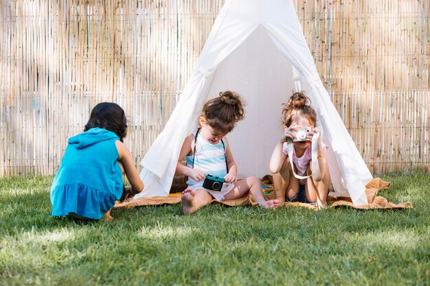 Girls playing on backyard