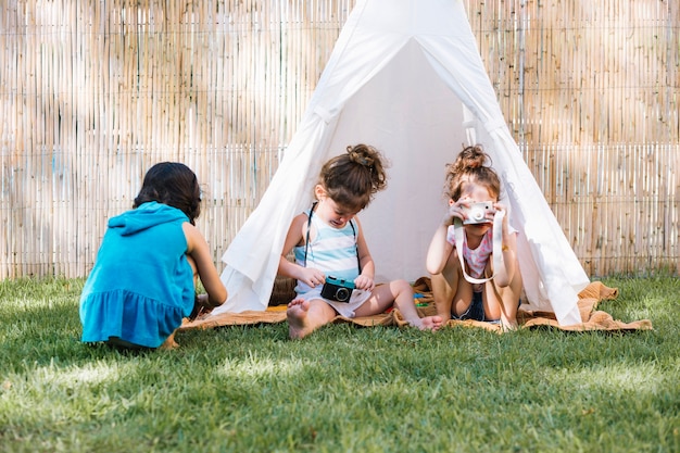 Girls playing on backyard