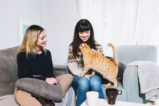 Girls on sofa having fun with cat