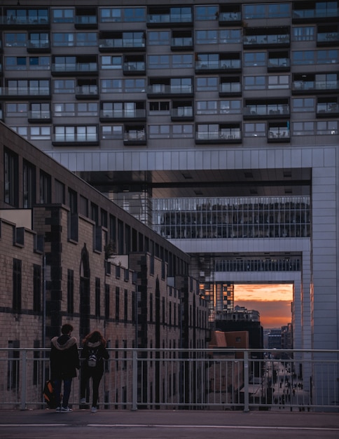 Girls standing near railing watching sunset