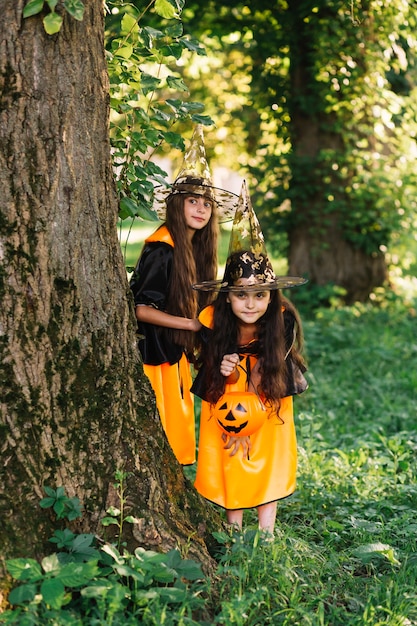 Girls in witch costumes lurking near tree