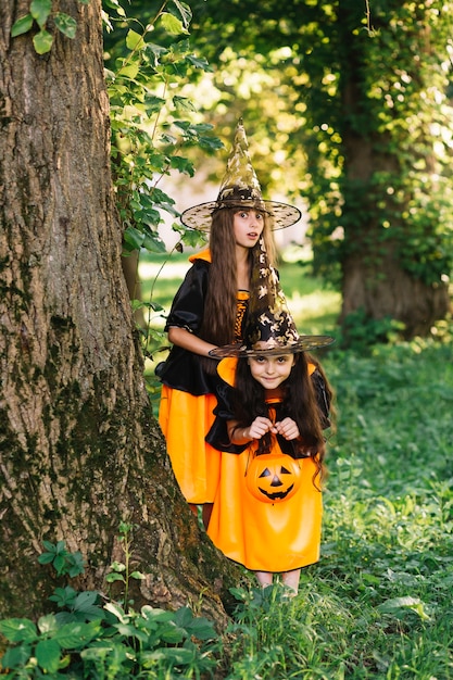 Girls in witch costumes posing near tree