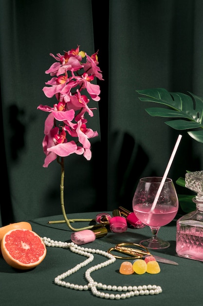 Girly still life arrangement on table