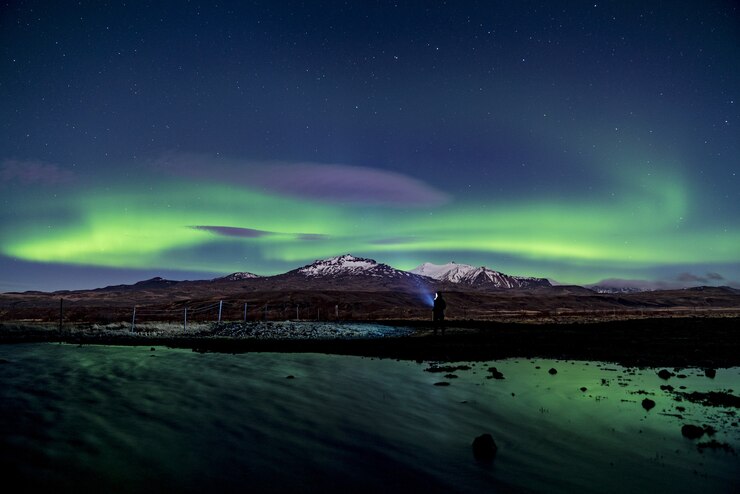 Glacier mountain with Aurora light