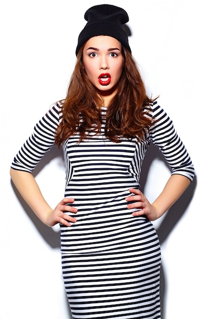 glamour stylish beautiful  young happy smiling woman model with red lips  in zebra dress