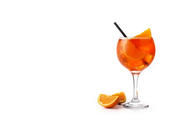 Glass of aperol spritz cocktail isolated on white background